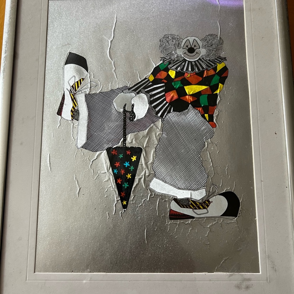 Dufex print - Rare, vintage mounted silver tone clown foil print. Serial #152763